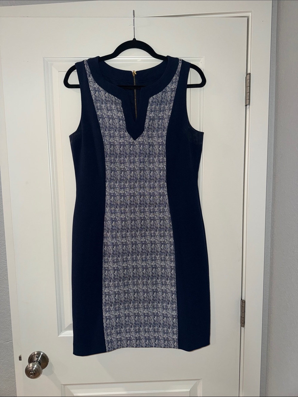 Tahari Navy Tweed-Panel Sleeveless Sheath Dress with Keyhole